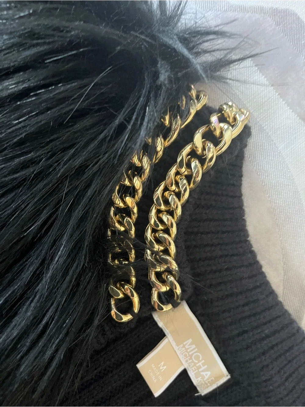 Michael Kors Black Faux Fur Vest with Gold Chain Collar